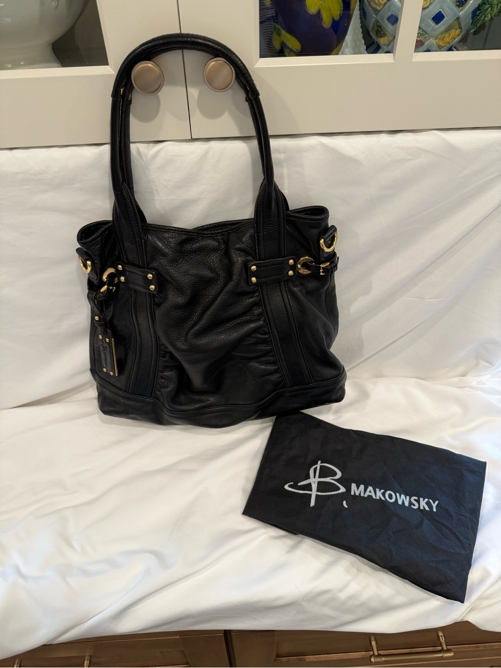🔥 VINTAGE B. MAKOWSKY BLACK PEBBLED LEATHER TOTE BAG Y2K